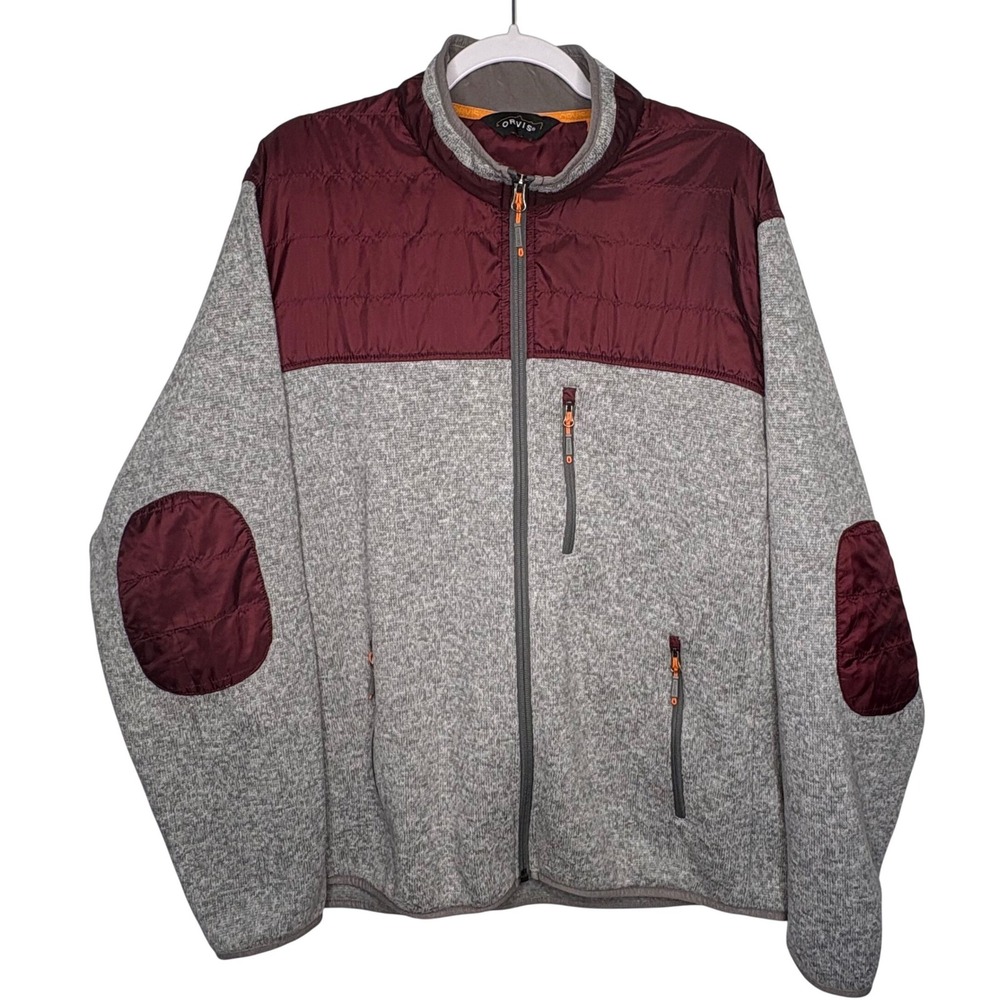 Orvis Mens Mixed Media Jacket Full Zip Quilted Fleece Gray Maroon Gorpcore L